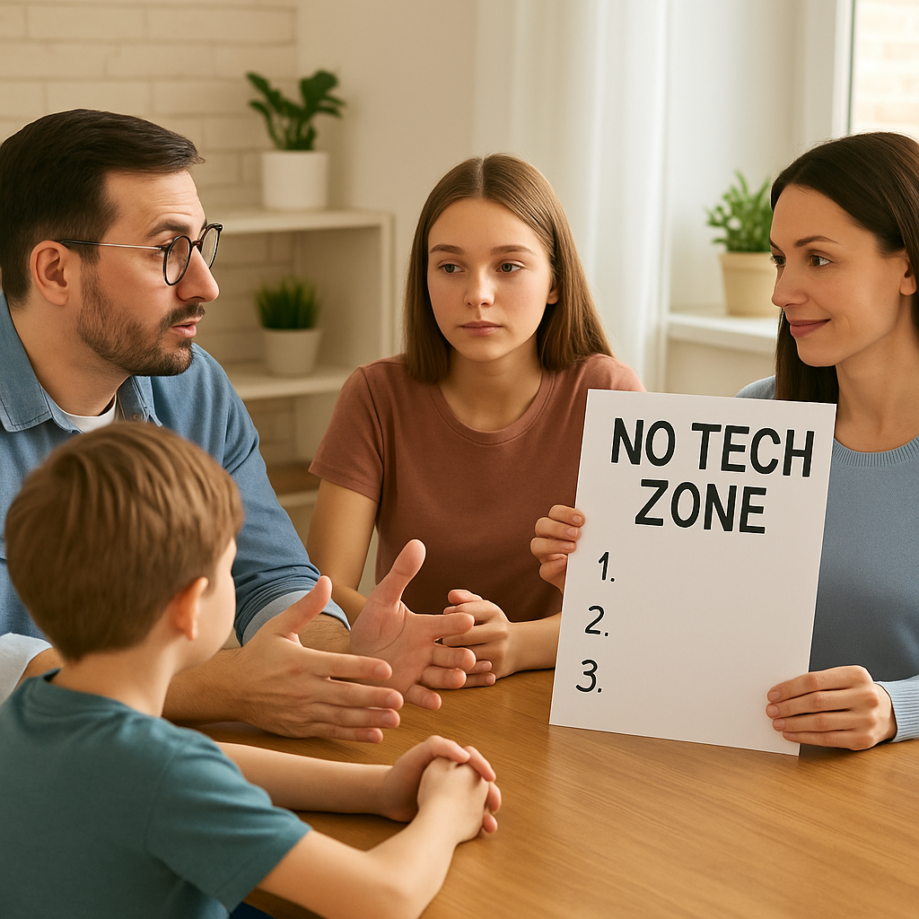 Familia estableciendo reglas para espacios sin tecnología