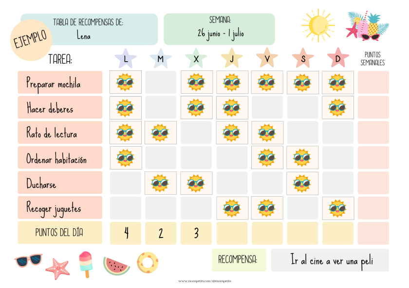 Cuadro de responsabilidades para niños con sistema de recompensas